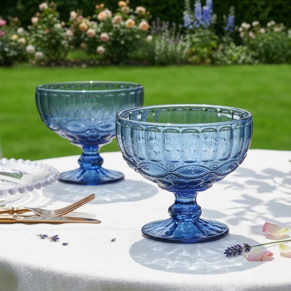 image 1 of Set of 4 Vintage Sapphire Blue Glass Trifle Bowl and Dessert Bowls Wedding Decorations Ideas 300ml | Blue | Sapphire Blue | Medium | 4