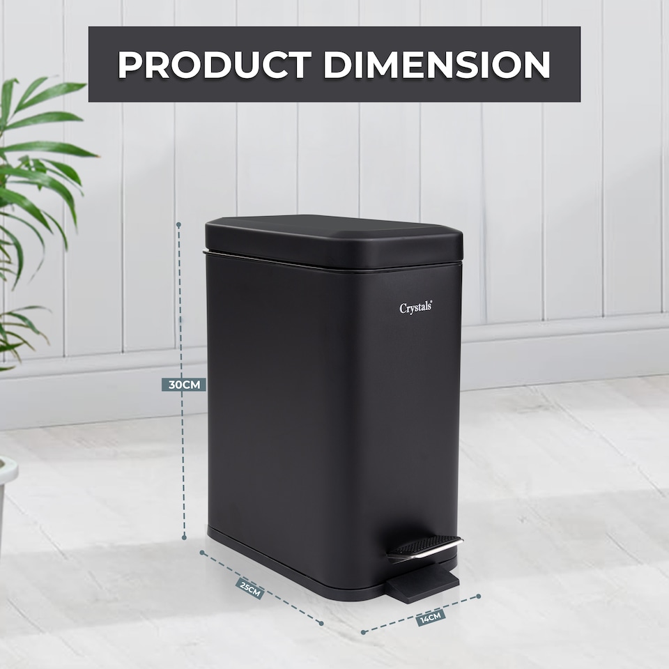 image 1 of 5L BATHROOM SLIM KITCHEN PEDAL RECTANGULAR BIN WASTE WITH SOFT CLOSING LID BLACK | Black