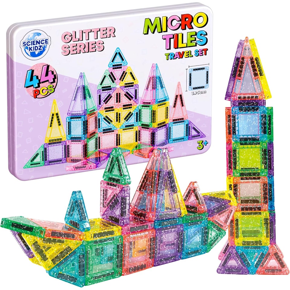 image 1 of Science Kidz 44-Piece Glitter Series Mini Magnetic Tiles Travel Set