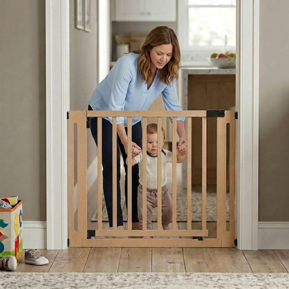 image 1 of Safetots Wooden Elegance Gate, Natural, 79cm - 87cm, Pressure Fit Safety Gate, 57cm Extra Wide Doorway, Easy Installation