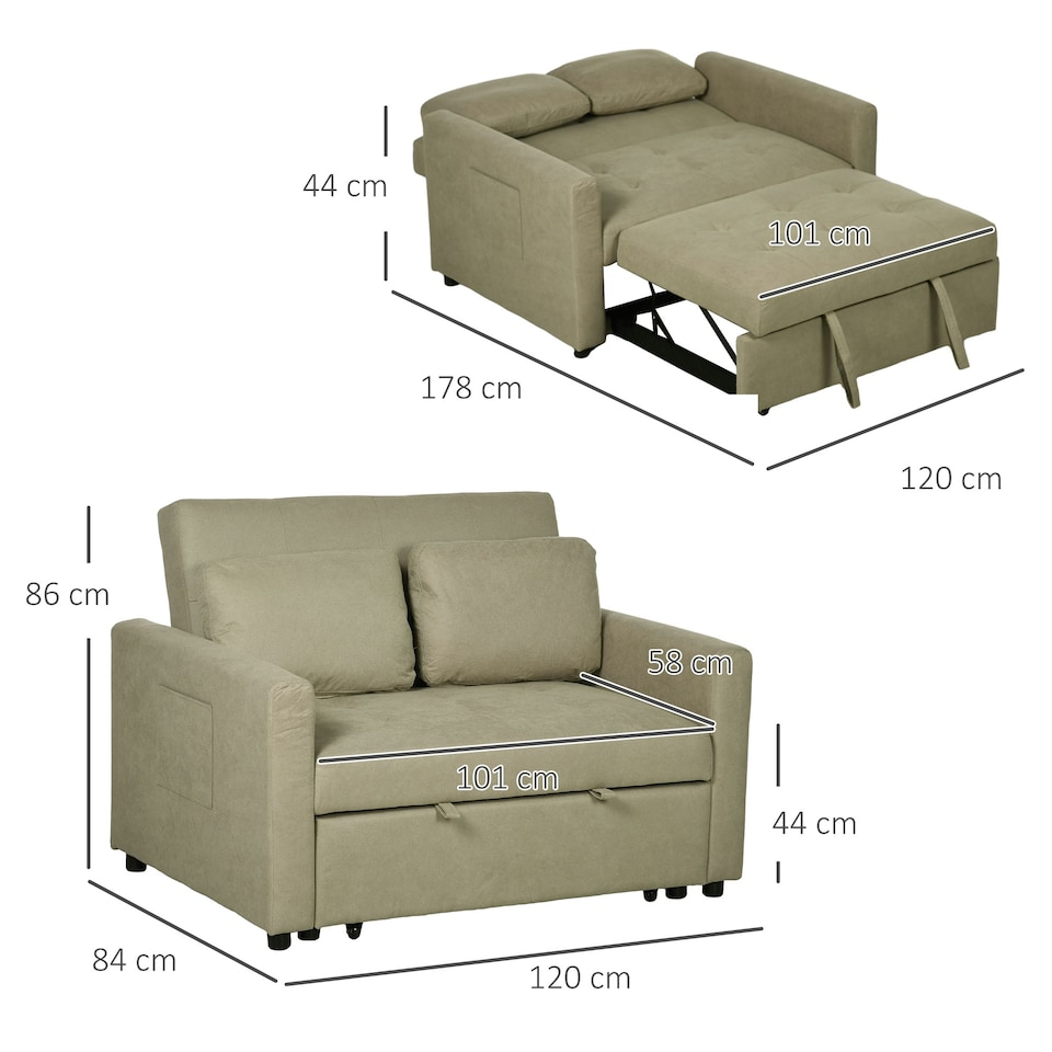 image 1 of HOMCOM 2 Seater Sofa Bed Convertible Bed Settee with Cushions, Brown