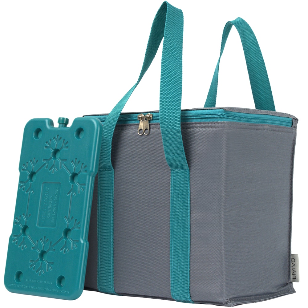 LIVIVO 10L Cool Bag with BPA Free Ice Block Grey and Teal