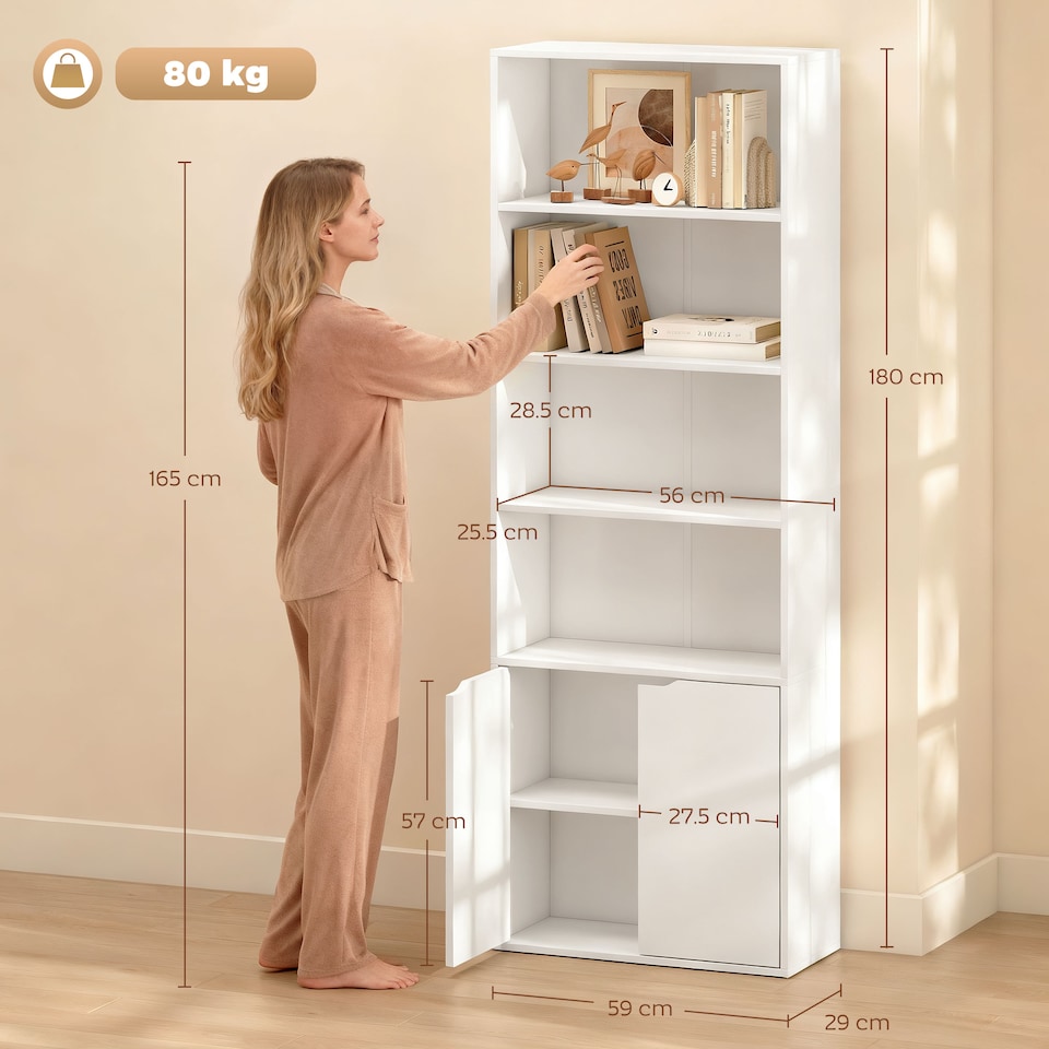image 1 of HOMCOM 6-Tier Tall Bookcase, Bookshelf with 4 Open Shelves and Double Door Storage Cabinet, Freestanding Display Rack for Living Room, Bedroom, Home Office, Study, 59 x 29 x 180cm, White