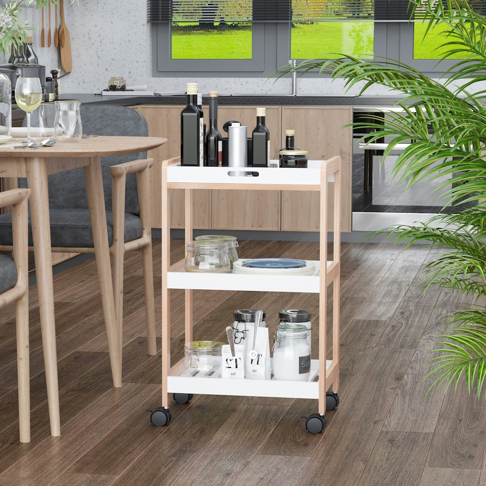 image 1 of HOMCOM Mobile Serving Trolley Kitchen Cart Pine Wood Rolling Wheels White