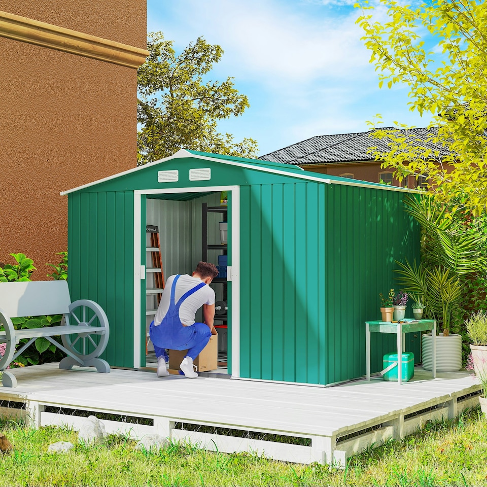 image 1 of Outsunny 9 x 6FT Galvanised Garden Storage Shed with Sliding Door, Green
