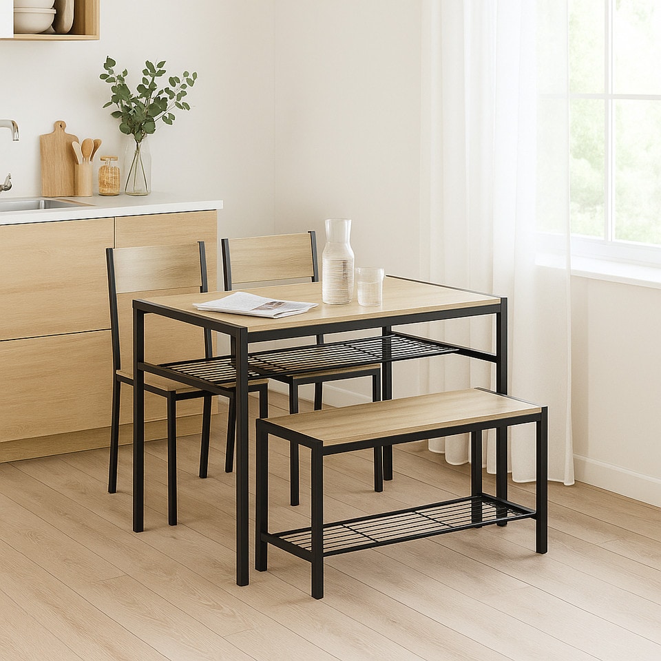 image 1 of 4 Pcs Set Dining Room Table Metal Frame with 2 Matching Chairs and Bench Kitchen | Multi | Oak