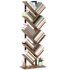 HOMCOM 9-Tier Tree Bookshelf with Steel Frame for Living Room, Rustic Brown