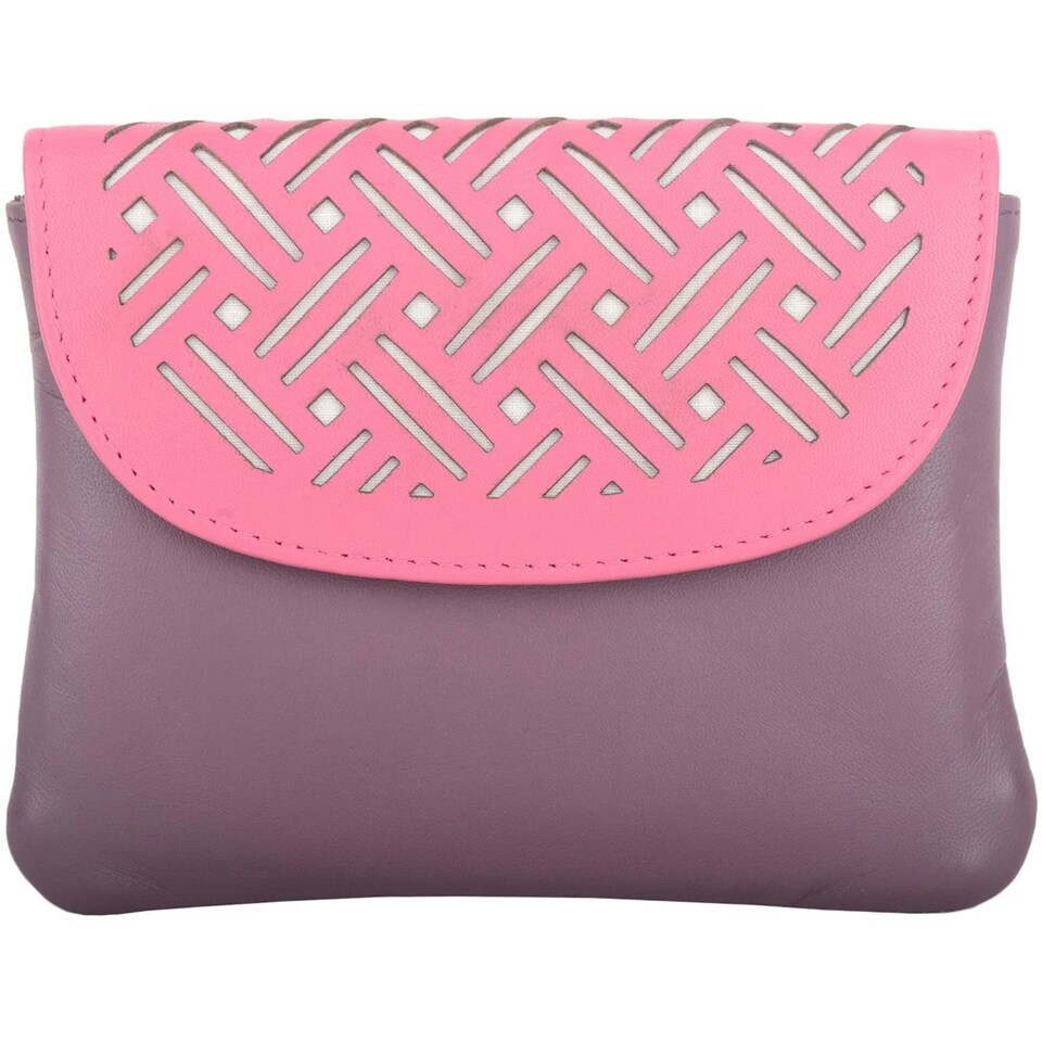 image 1 of Laser Cut Genuine Leather Credit Card Money Holder Wallet Purse Blue | Teal/Blush