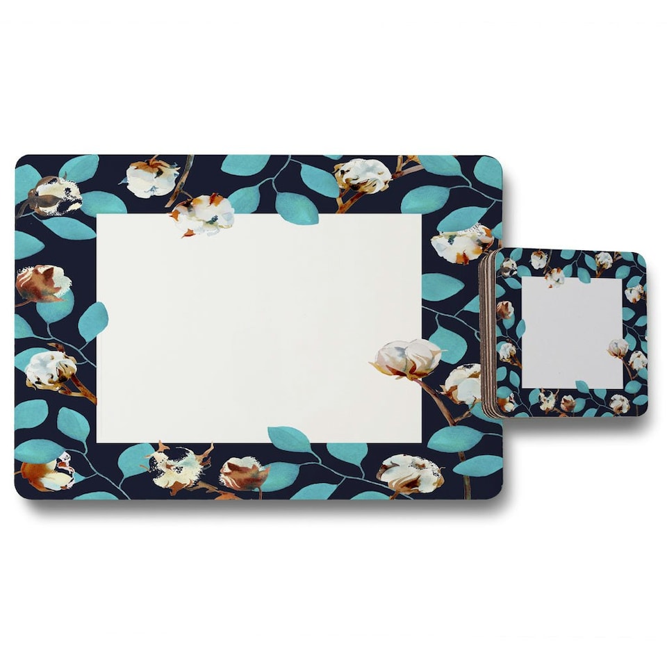 Watercolour Blue Leaf Frame (Placemat & Coaster Set)