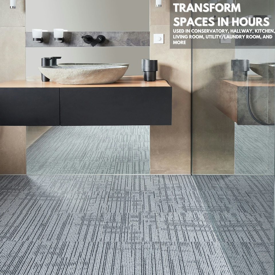 image 1 of NOVECRAFTO Peel & Stick Floor Tiles – Grey Carpet Effect, 12x12in (30.5x30.5cm), Self Adhesive, Durable, Easy Clean, Carpet Imitation Style Grey | 2.79 sqm