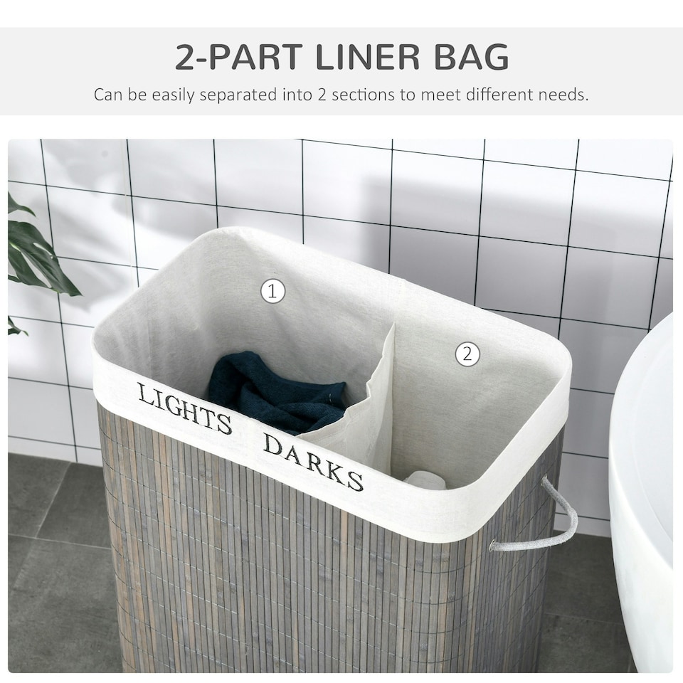 image 1 of HOMCOM 2 Section Collapsible Laundry Hamper Lid Removable Lining, Grey