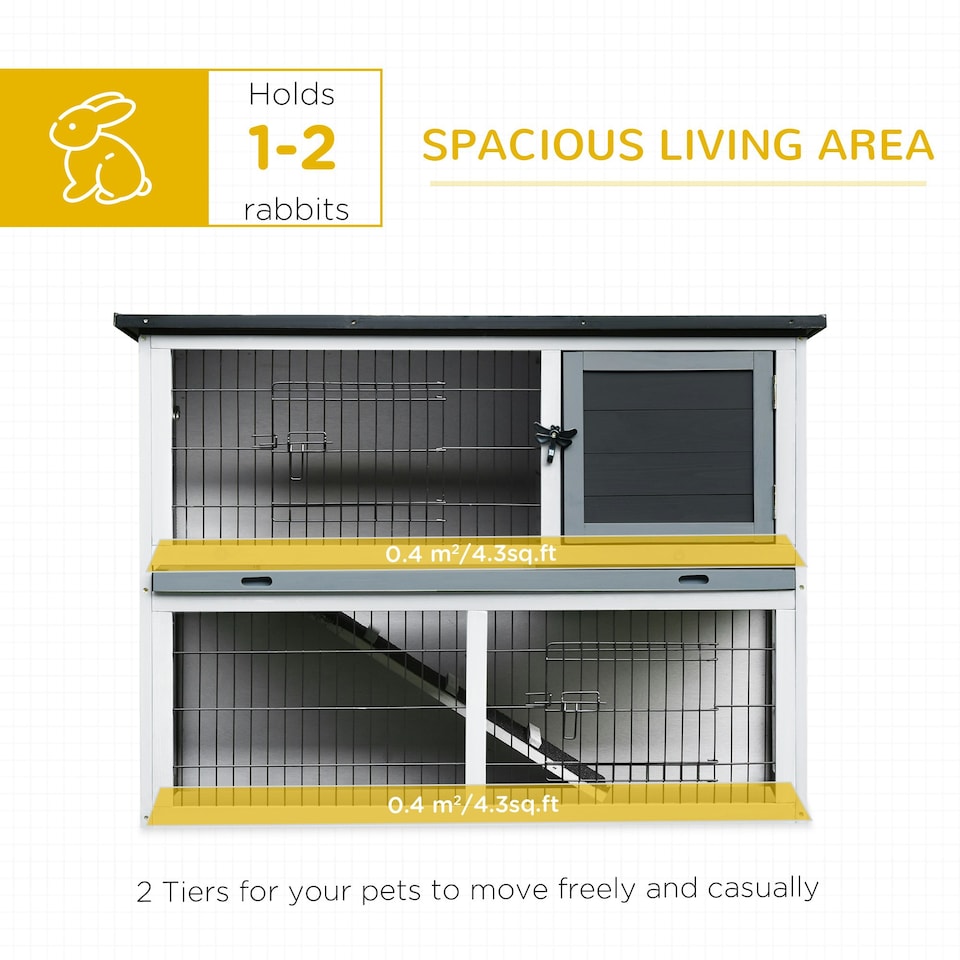 image 1 of PawHut Rabbit Hutch, Bunny Cage 2-Tier Wooden w/ Openable Roof Outdoor Grey