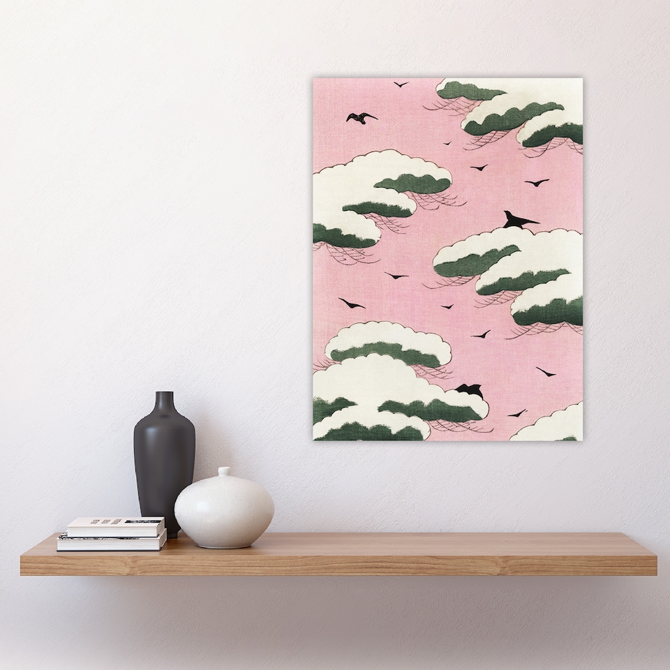 image 1 of Pink Sky With Clouds and Birds Vintage Wall Art Print Bijutsukai 18x24"