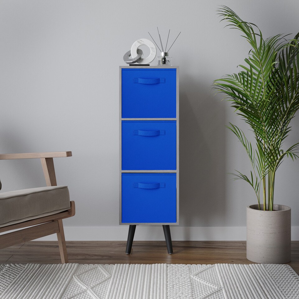image 1 of Cedar Grey 3-Tier 3-Drawer Cube Shelving Unit with Scandinavian Legs | Blue | Dark Blue & Black | 1