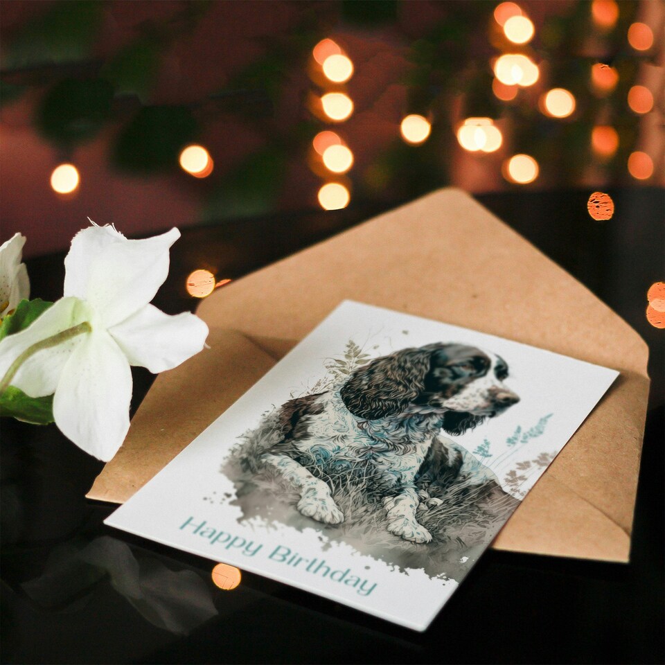 image 1 of Happy Birthday Dog Lying in Field Modern Watercolor Birthday Card