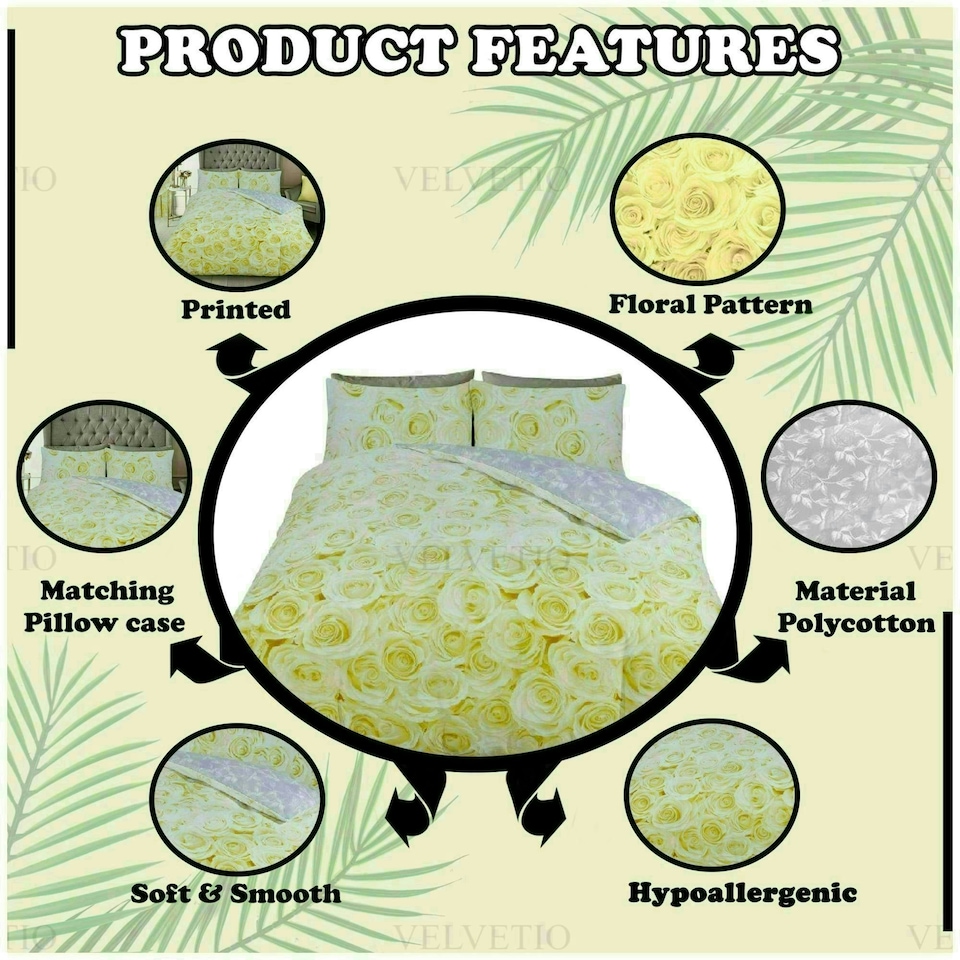 image 1 of VELVETIO Bellerose Floral Printed Duvet Cover Set Rebersible Polycotton Beddings Yellow | Ochre | Super King