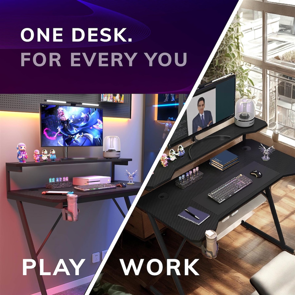 image 1 of House of Home Gaming Desk with Monitor Stand Carbon Fibre Black 80cm | Black