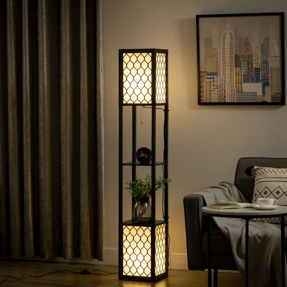 image 1 of HOMCOM 2-Light Modern Floor Lamp with Shelves for Living Room, Bedroom, Black