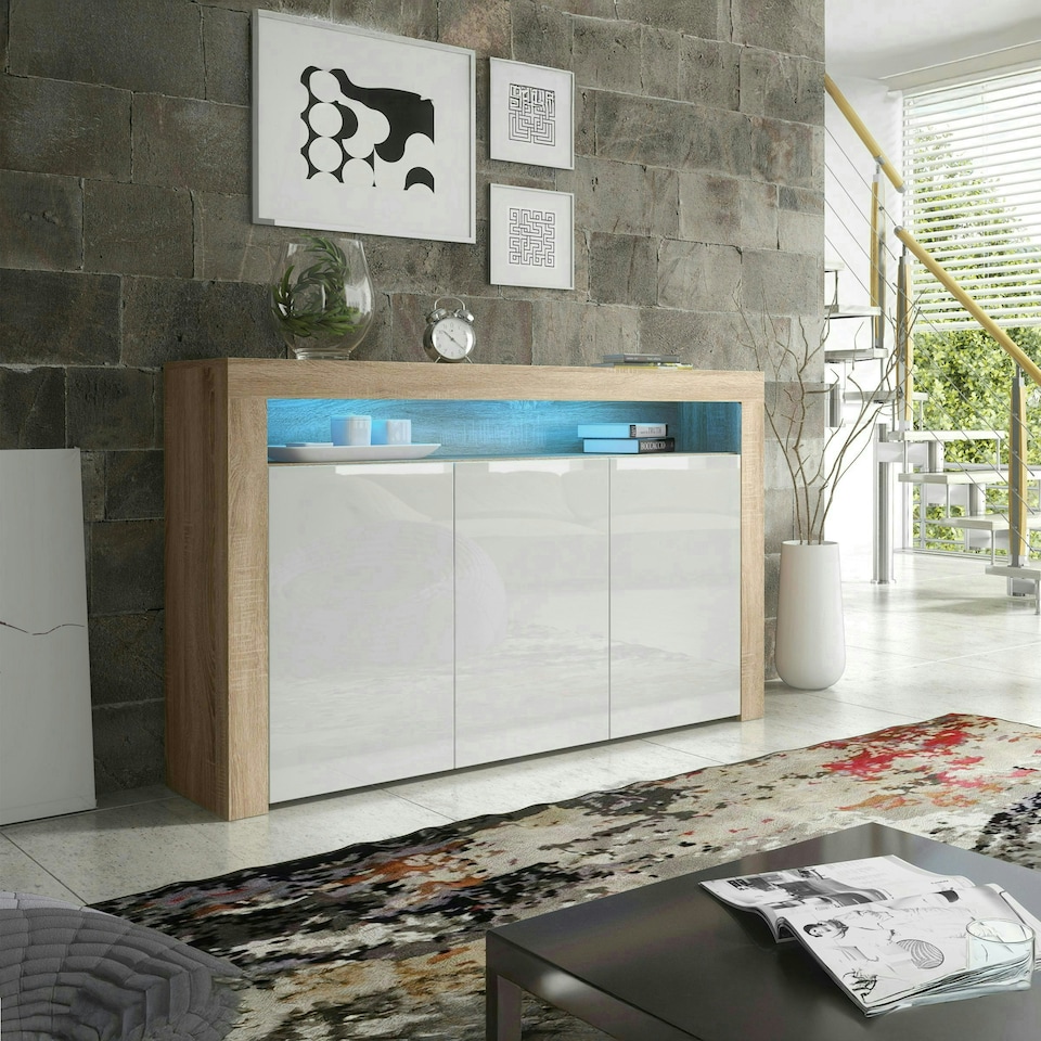 image 1 of Sideboard 155cm White Gloss Doors Oak Matt Body Free LED Shelf Multi | Oak & White