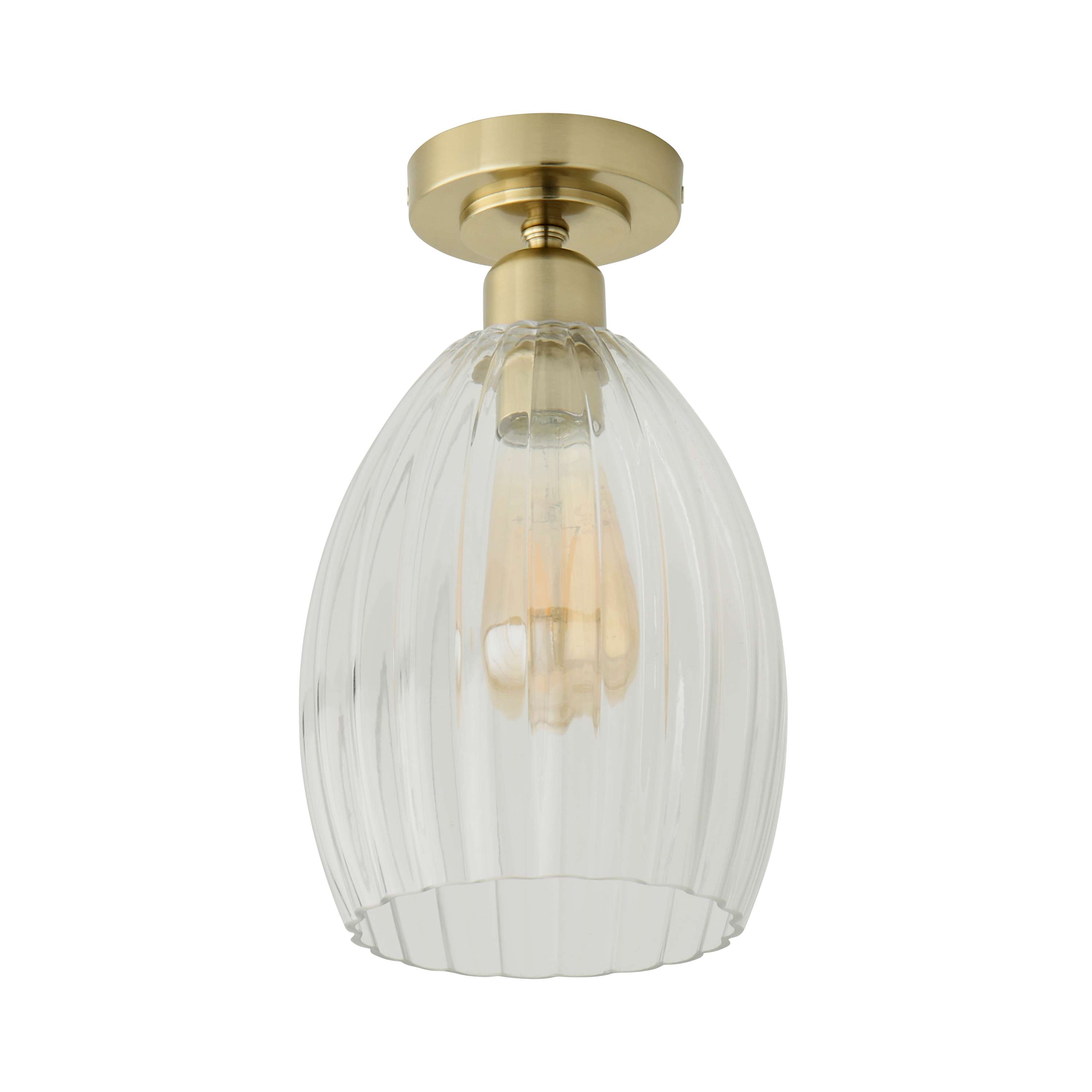 ValueLights Cheltenham Clear Ribbed Glass Dome Flush Ceiling Light with LED Bulb in Gold