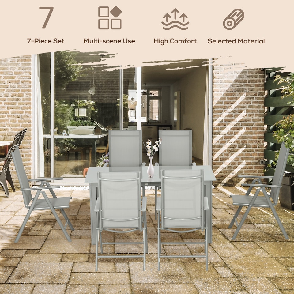 image 1 of Outsunny 7 Piece Garden Dining Set, Outdoor Table and 6 Folding and Reclining Chairs, Aluminium Frame, Tempered Glass Top Table, Texteline Seats, Grey