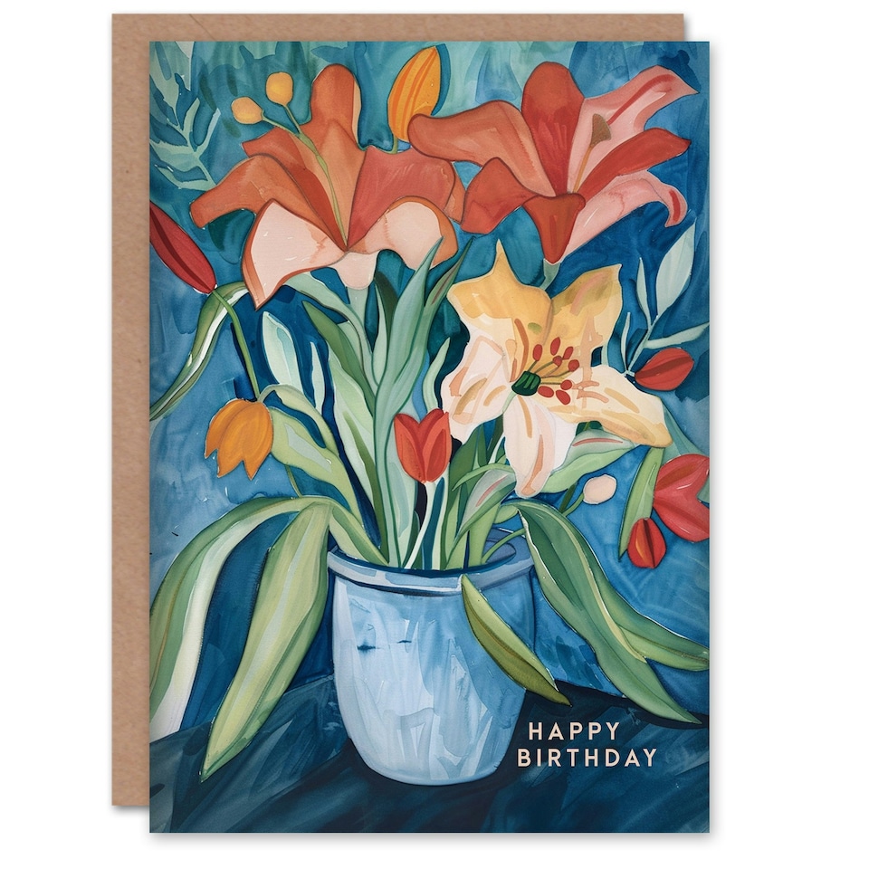 image 1 of Lily Flower Bouquet Vase Floral Woman Her Birthday Card
