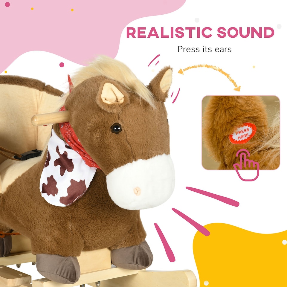 image 1 of HOMCOM Kids Rocking Horse Plush Ride On Horse with Safety Belt, Realistic Sounds, Foot Pedals for Toddlers Aged 18-36 Months - Brown