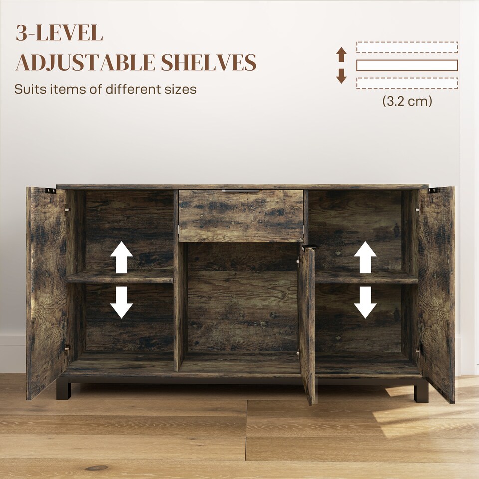 image 1 of HOMCOM Sideboard, Industrial Storage Cabinet with Doors, Drawer, Cupboard and Adjustable Shelves for Living Room, Dining Room, Hallway, Rustic Brown