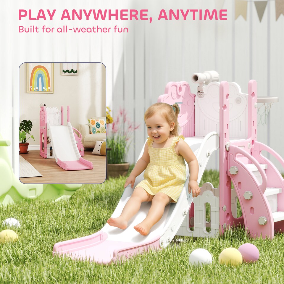 image 1 of AIYAPLAY 5 in 1 Toddler Slide Set with Basketball Hoop for Age 1-3, Pink