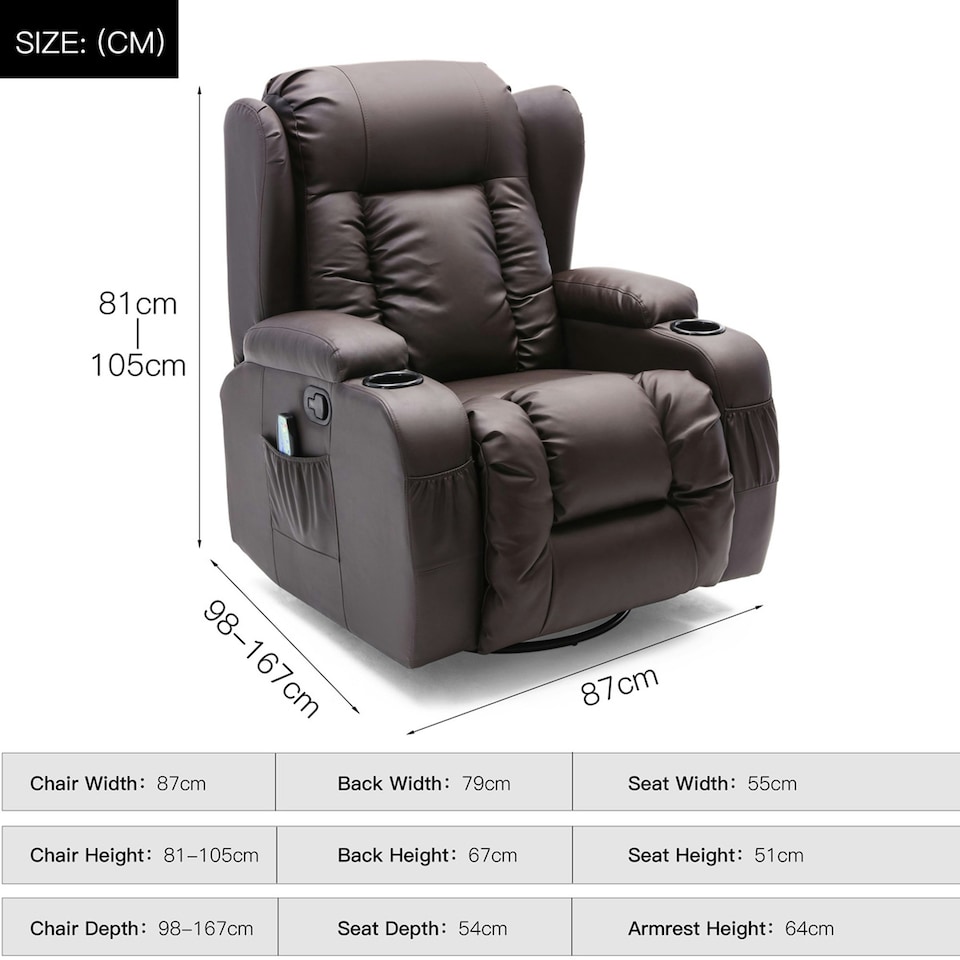 image 1 of Caesar Bonded Leather Recliner Rocking Swivel Heat & Massage Chair (Brown)