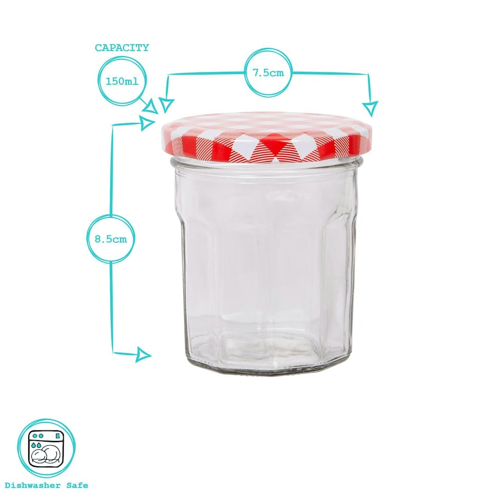 image 1 of Argon Tableware Glass Jam Jars with Blue Gingham Lids - 150ml - Pack of 6
