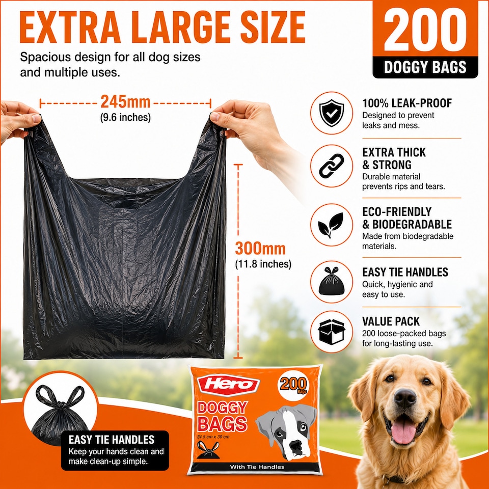 image 1 of Hero 200 Dog Poo Bags with Easy Tie Handles – Extra Thick, Strong & Biodegradable – 200 Pack