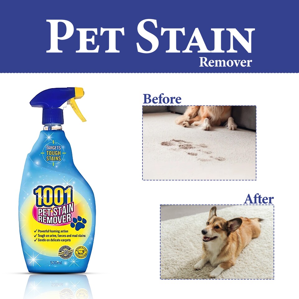 image 1 of 1001 Pet Stain Remover Spray 500ml Fast Acting Carpet and Upholstery Cleaner for Dog Cat Urine Vomit Faeces Mud Pet Stains