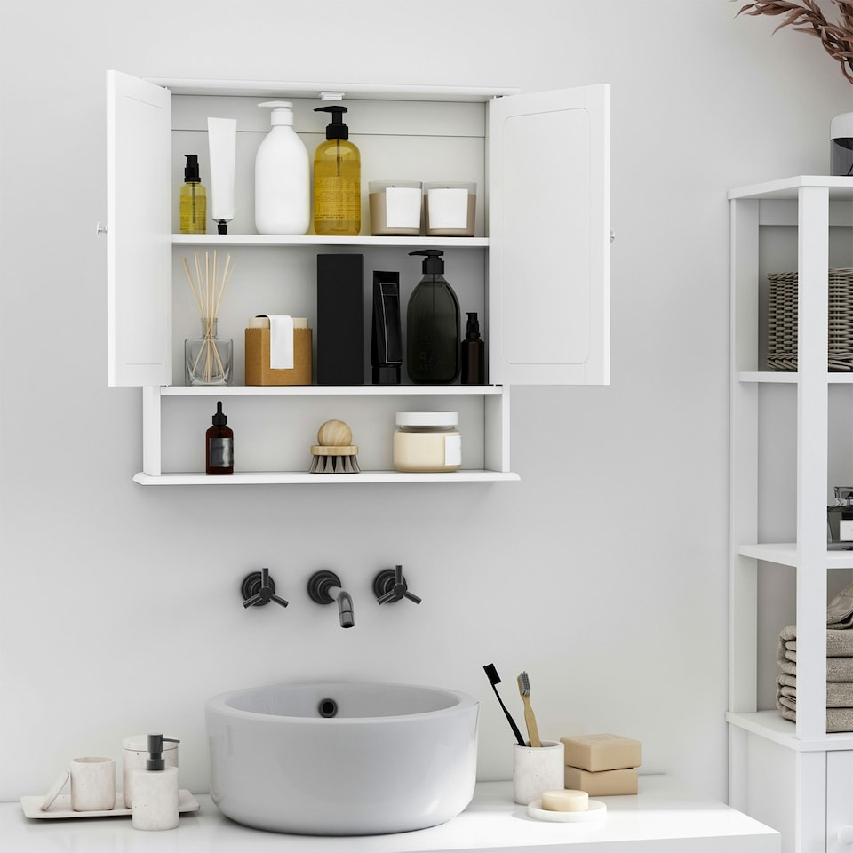 image 1 of kleankin Wall-mounted Cabinet Mirror Door Bathroom Organiser Living Room White