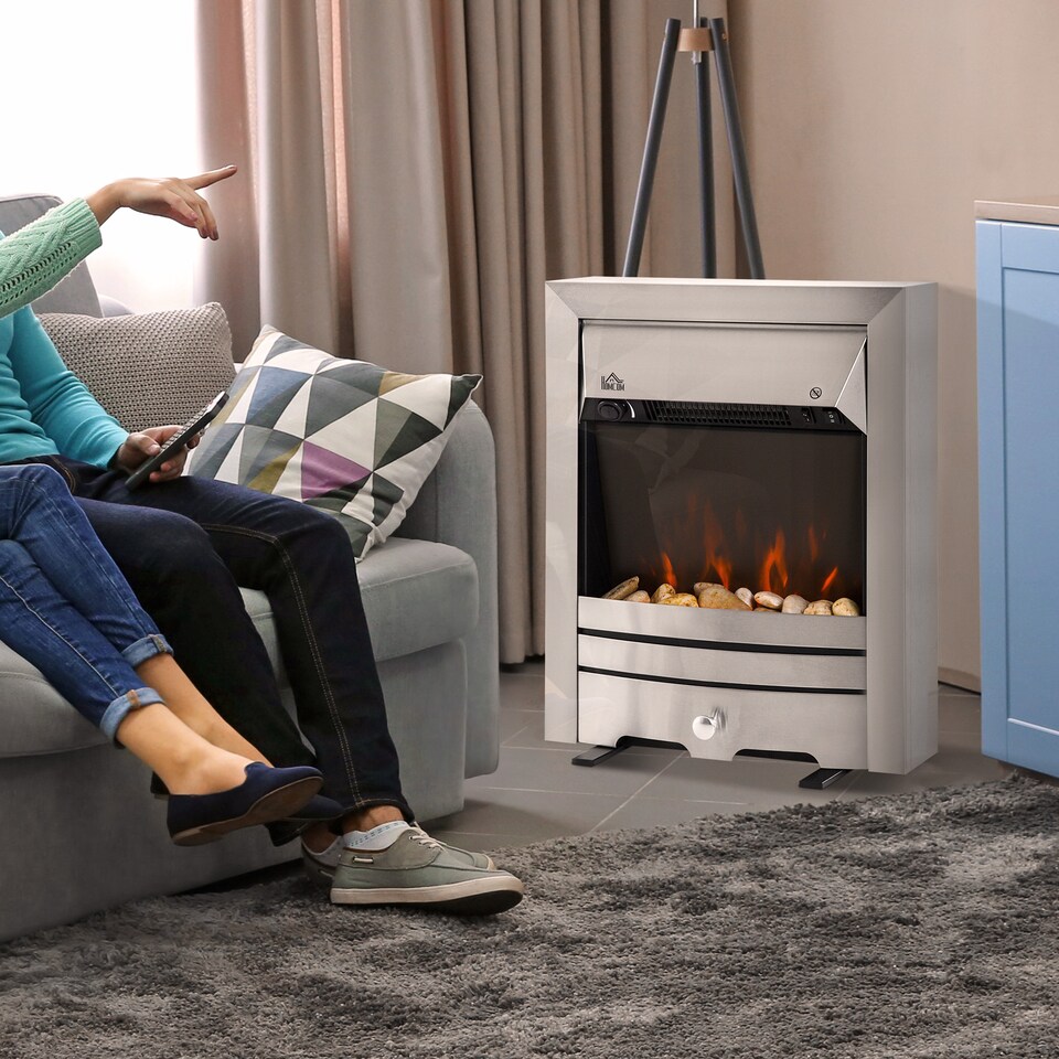 image 1 of HOMCOM Electric Fireplace Stainless Steel 2KW Heater LED Fire Flame Silver | Brown