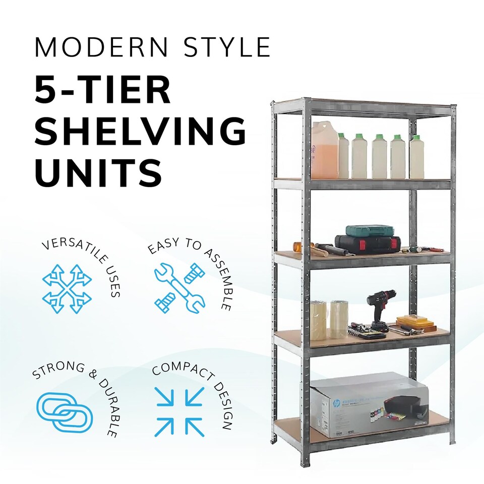 image 1 of House of Home Boltless 5 Tier Shelving Racking Heavy Duty Steel Shelf Unit Shed Garage Home | Silver | galvanised