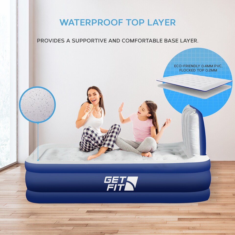 image 1 of Get Fit Air Bed With Built In Electric Pump - Premium Single Airbed - Quick Blow Up Bed With Headboard & Free Inflatable Pillow | Blue | Navy / White | 1