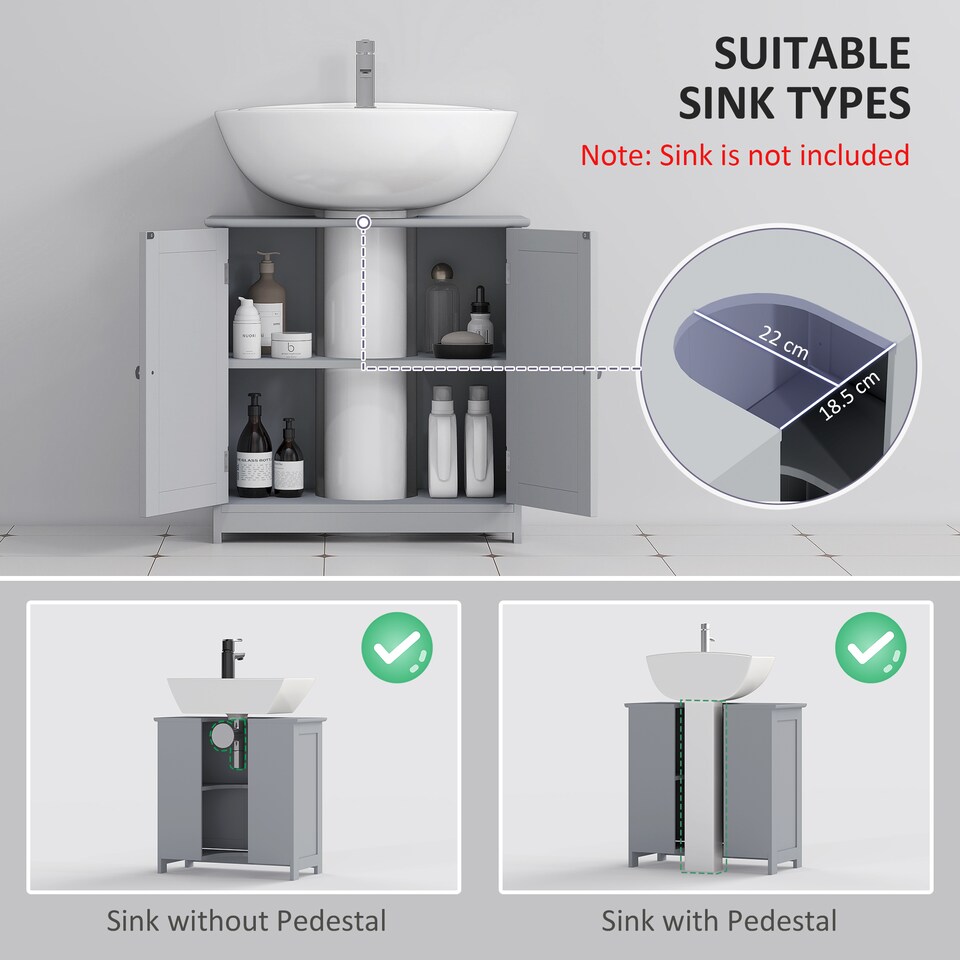 image 1 of kleankin 60x60cm Under-Sink Storage Cabinet w/ Adjustable Shelf Drain Hole Grey