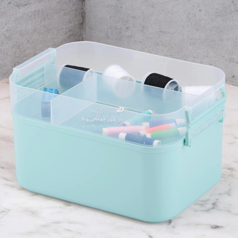 image 1 of Portable Sewing Accessories Box Kit 2 Layer Storage Organiser Trays Carry Handle | Multi | Mint Green