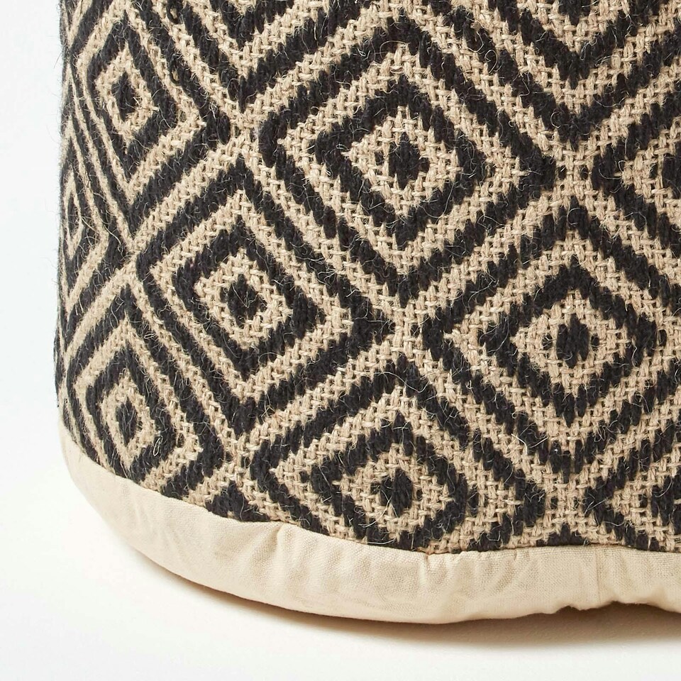 image 1 of Homescapes Black and Cream Aztec Style Jute Footstool Beanbag Round - 45 x 40 cm | Black | 45 x 40 cm