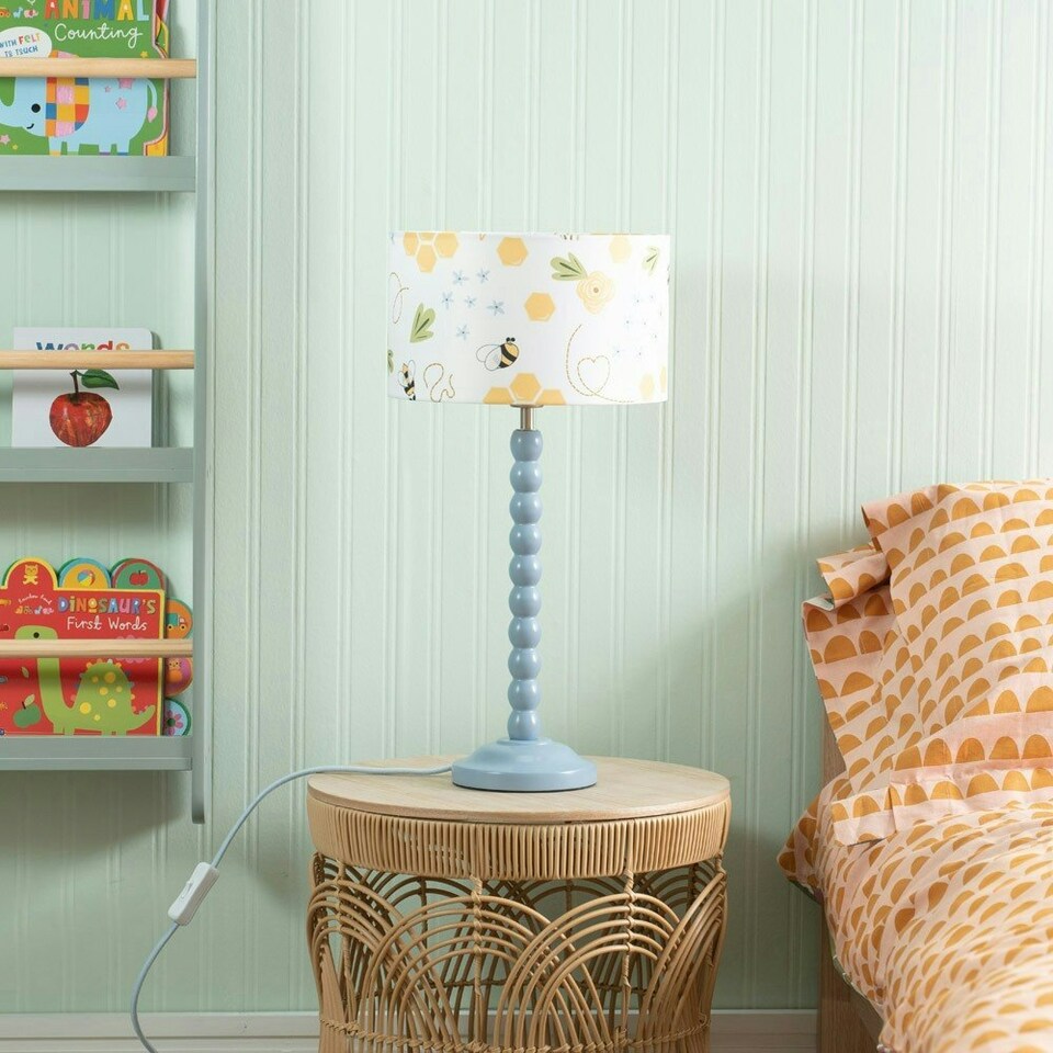image 1 of ValueLights Bobbles Powder Blue Bobbin Table Lamp with Bumble Bee Shade
