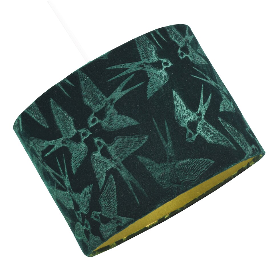 image 1 of Bird Decorated Dark Forest Green Velvet Fabric Lamp Shade with Inner Lining | Green | 10"