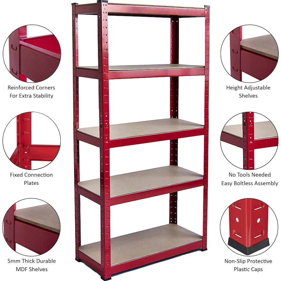 image 1 of Home Vida 5 Tier Large Heavy Duty Garage Shelves Adjustable Steel Shelving Storage Units - Red - Holds Upto 875kg Per Bay - 4 Bays