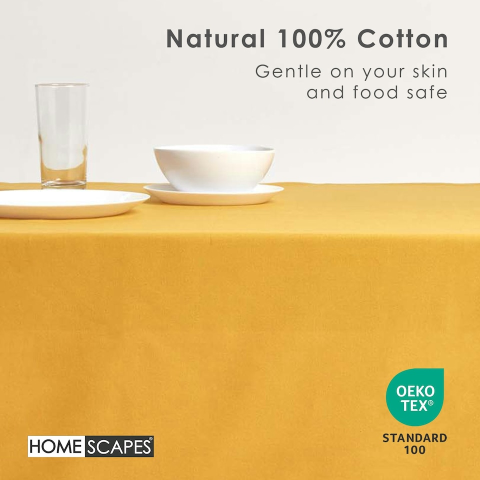 image 1 of Homescapes Mustard Yellow Cotton Round Tablecloth - 178 cm Yellow