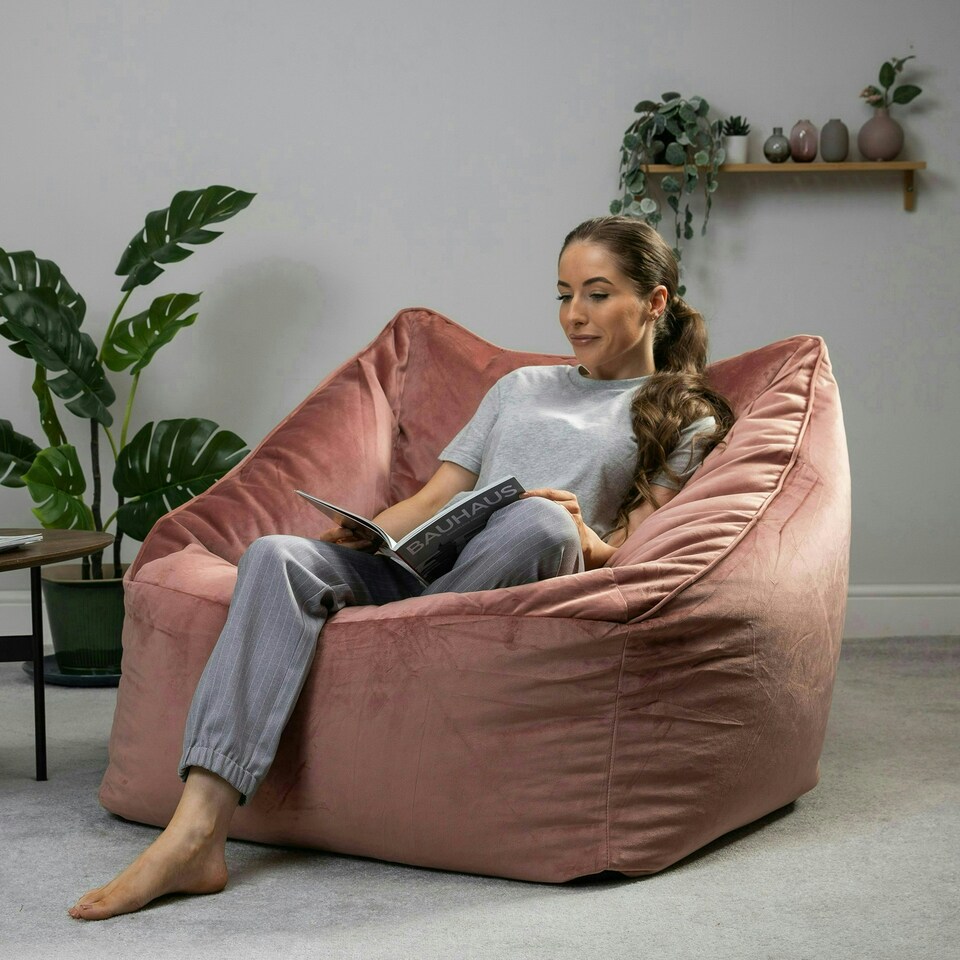image 1 of icon Natalia Velvet Adults Bean Bag Armchair and Pouffe, Ready Filled Large Beanbag and Footstool Dusk Pink Pink