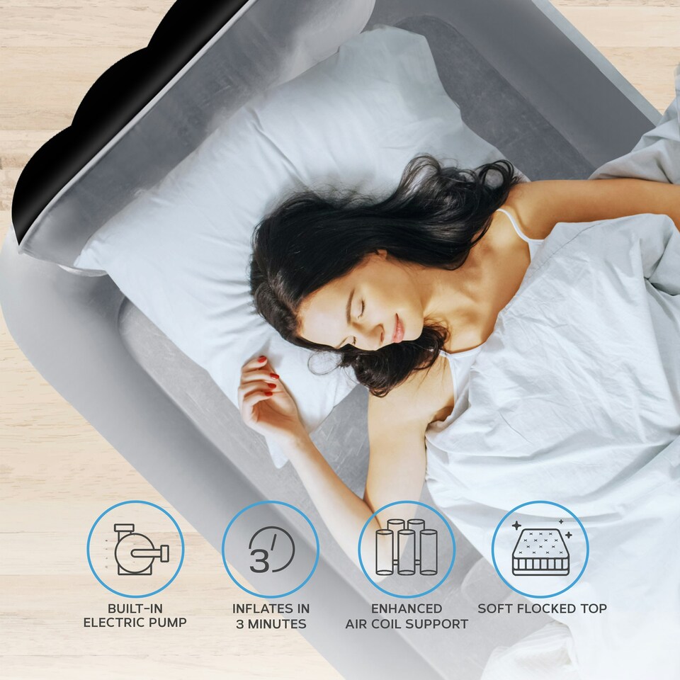 image 1 of Get Fit Air Bed With Built In Electric Pump - Premium Single Airbed - Quick Blow Up Bed With Headboard & Inflatable Pillow - Elevated Air Mattress- Black/Grey