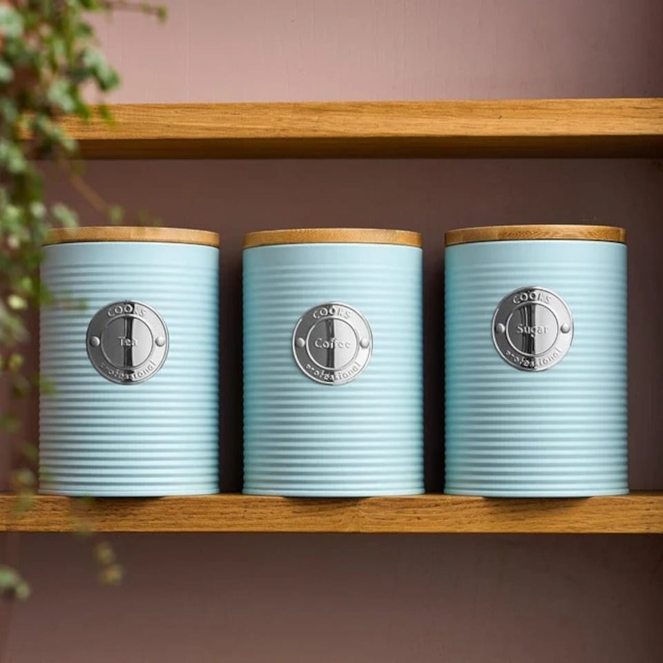 image 1 of Cooks Professional 3 Piece Ribbed Tea, Coffee, & Sugar Cannisters with Bamboo Lids | Stainless Steel Kitchen Storage Bins | Blue & Silver