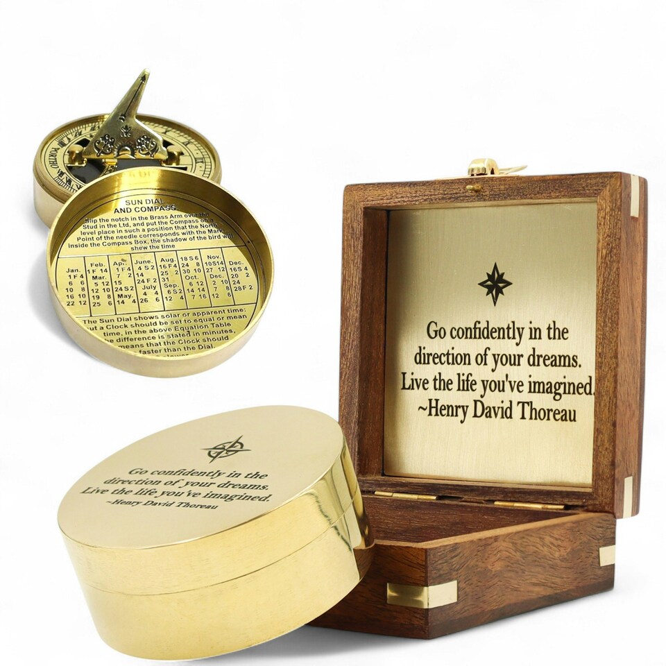 image 1 of Engraved Sundial Compass Gift – “Go Confidently” Inspirational Quote Gold