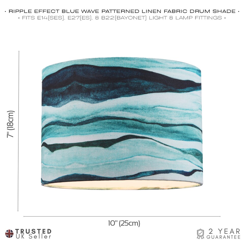 image 1 of Sea Waves Drum Lamp Shade in Teal Duck Egg and Navy Blue - 25cm Linen Fabric | Blue