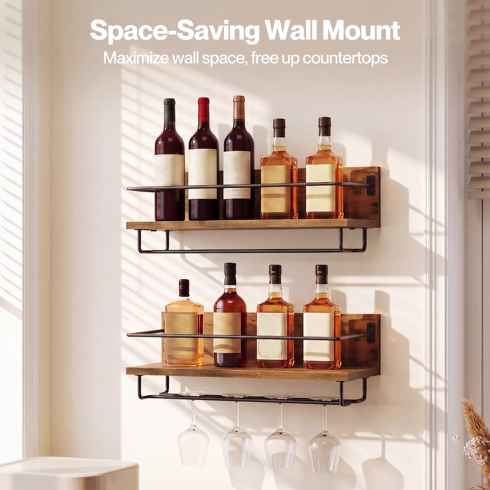 image 1 of Levede Wall Wine Rack With Glass Holder Floating Wine Shelf Home Bar Storage 2PC